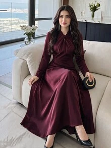 Feyla Women's Solid Color Pleated Casual Party Long Dress - Burgundy - View 1