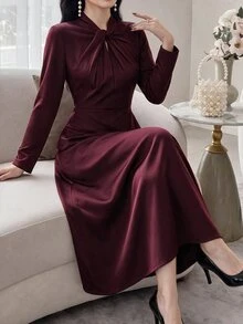 Feyla Women's Solid Color Pleated Casual Party Long Dress - Burgundy - View 8
