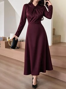 Feyla Women's Solid Color Pleated Casual Party Long Dress - Burgundy - View 3
