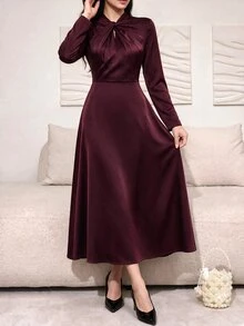 Feyla Women's Solid Color Pleated Casual Party Long Dress - Burgundy - View 10