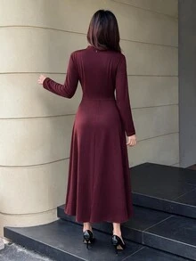 Feyla Women's Solid Color Pleated Casual Party Long Dress - Burgundy - View 11
