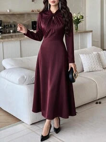 Feyla Women's Solid Color Pleated Casual Party Long Dress - Burgundy - View 4