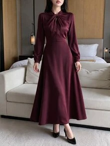 Feyla Women's Solid Color Pleated Casual Party Long Dress - Burgundy - View 9