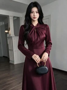 Feyla Women's Solid Color Pleated Casual Party Long Dress - Burgundy - View 7