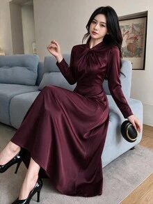 Feyla Women's Solid Color Pleated Casual Party Long Dress - Burgundy - View 2
