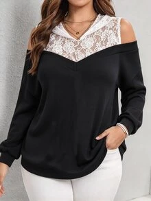 SHEIN LUNE CURVE Plus Size Women's Contrast Lace Cold Shoulder Long Sleeve Fashion Sweatshirt - Black - View 5