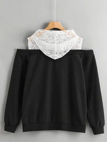 SHEIN LUNE CURVE Plus Size Women's Contrast Lace Cold Shoulder Long Sleeve Fashion Sweatshirt - Black - View 2