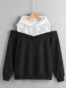 SHEIN LUNE CURVE Plus Size Women's Contrast Lace Cold Shoulder Long Sleeve Fashion Sweatshirt - Black - View 1