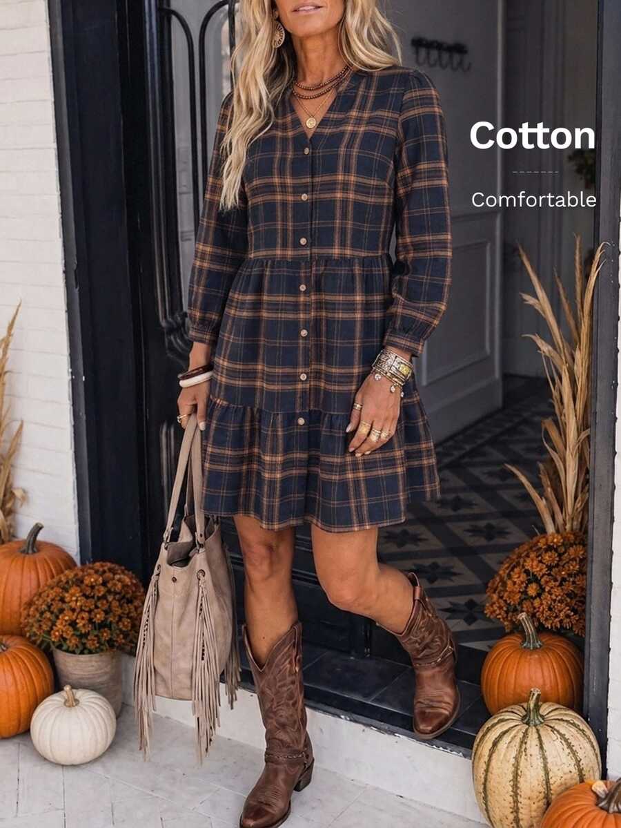 EMERY ROSE Women's Vacation Plaid Button Ruffle Hem Dress Fall Dresses For Women Women's Halloween Costume Plaid Dress