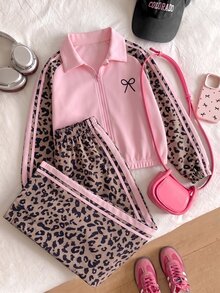 SHEIN HYPEME Kids Tween Girls Autumn/Winter Fashion Casual Daily Versatile Comfortable Letter Pattern Button Collar Baseball Jacket & Striped Wide Leg Long Pants 2 Pieces Set - Pink - View 1