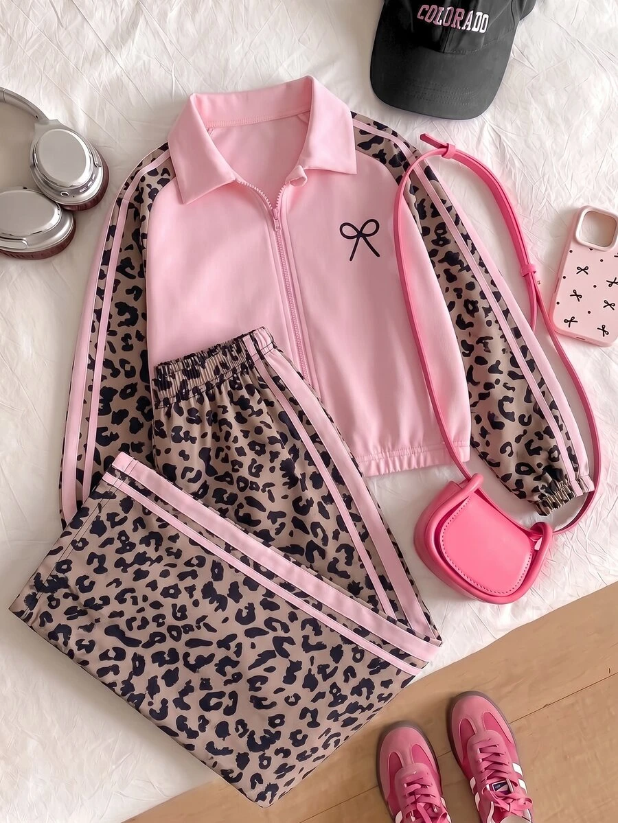 SHEIN HYPEME Kids Tween Girls Autumn/Winter Fashion Casual Daily Versatile Comfortable Letter Pattern Button Collar Baseball Jacket & Striped Wide Leg Long Pants 2 Pieces Set - Pink - View 1