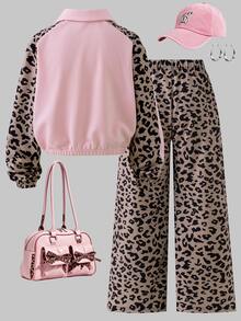 SHEIN HYPEME Kids Tween Girls Autumn/Winter Fashion Casual Daily Versatile Comfortable Letter Pattern Button Collar Baseball Jacket & Striped Wide Leg Long Pants 2 Pieces Set - Pink - View 2