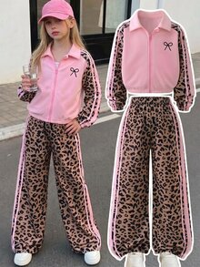 SHEIN HYPEME Kids Tween Girls Autumn/Winter Fashion Casual Daily Versatile Comfortable Letter Pattern Button Collar Baseball Jacket & Striped Wide Leg Long Pants 2 Pieces Set - Pink - View 3