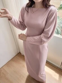 Heiryn Women's Elegant Solid Color Curved Sleeve Waist-Cinching Dress - Pink - View 9