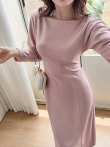 Heiryn Women's Elegant Solid Color Curved Sleeve Waist-Cinching Dress - Pink - View 7