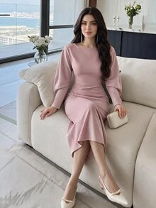 Heiryn Women's Elegant Solid Color Curved Sleeve Waist-Cinching Dress - Pink - View 6