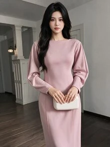 Heiryn Women's Elegant Solid Color Curved Sleeve Waist-Cinching Dress - Pink - View 8
