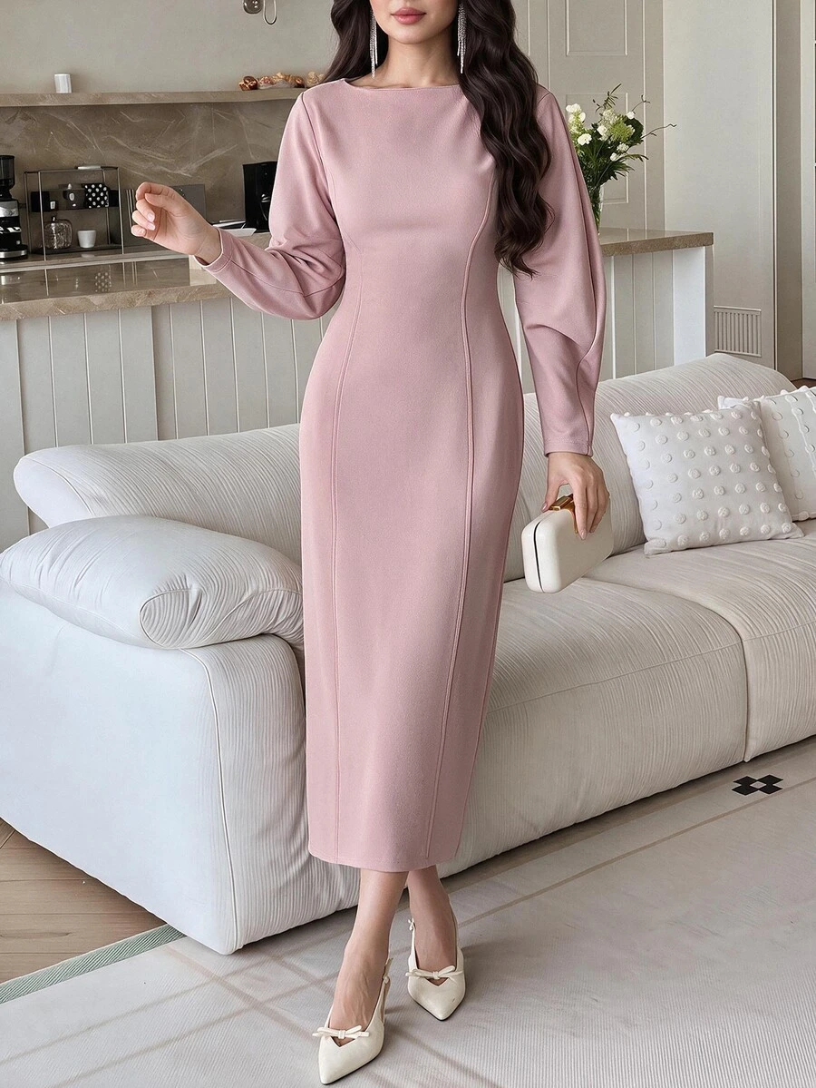 Heiryn Women's Elegant Solid Color Curved Sleeve Waist-Cinching Dress - Pink - View 1