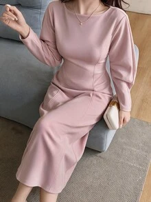 Heiryn Women's Elegant Solid Color Curved Sleeve Waist-Cinching Dress - Pink - View 10