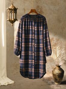 EMERY ROSE 女款格紋圓領長袖單排扣休閒洋裝 秋季女裝 萬聖節女款服裝 - 藏蓝色 - 查看 9