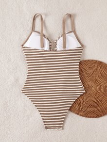 SHEIN Swim 2026 Spring/Summer Adjustable Thick Strap U-Shaped Metal Decor One-Piece Swimsuit, Sweet & Fitted For Women - Brown - View 5