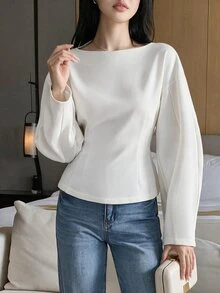 Feyla 女款優雅通勤辦公早午餐純色收腰襯衫 米白色 秋季 - 白色 - 查看 2