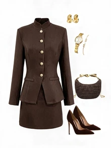 Lavishia Women's Autumn/Winter Metal Single-Breasted Jacket And Skirt Suit Set,Brown Set,Commuter Suit - Brown - View 4