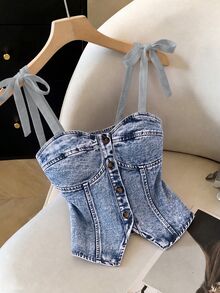 GlowEve Women's Single-Breasted Shoulder Knot Fashion Denim Camisole Top - Blue - View 3