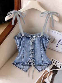 GlowEve Women's Single-Breasted Shoulder Knot Fashion Denim Camisole Top - Blue - View 2