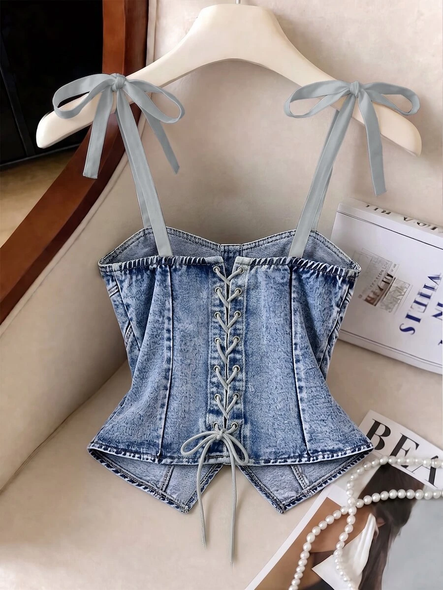 GlowEve 女款單排扣肩部打結時尚牛仔背心上衣 - 藍色 - 查看 1