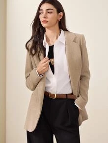 Briarwyn 秋冬女士纯色优雅长袖翻领商务夹克 - 卡其色 - 查看 1