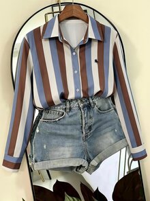 SHEIN 女款休閒拼色條紋長袖襯衫 - 彩色 - 查看 5