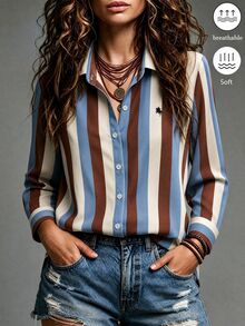 SHEIN 女款休閒拼色條紋長袖襯衫 - 彩色 - 查看 4