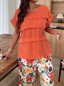 Weeklong Plus Size Women's Casual Vacation Floral Print Round Neck 3/4 Pants 2-Piece Set, Suitable For Daily And Holiday Wear Elegant - Multicolor - View 5