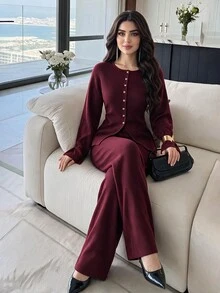 Feyla Women Solid Drop Shoulder Button Front Cardigan Knit Pants Set Brunch Office Fall Elegant, Autumn/Winter - Red - View 4