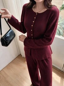 Feyla Women Solid Drop Shoulder Button Front Cardigan Knit Pants Set Brunch Office Fall Elegant, Autumn/Winter - Red - View 7