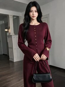 Feyla Women Solid Drop Shoulder Button Front Cardigan Knit Pants Set Brunch Office Fall Elegant, Autumn/Winter - Red - View 8
