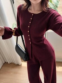 Feyla Women Solid Drop Shoulder Button Front Cardigan Knit Pants Set Brunch Office Fall Elegant, Autumn/Winter - Red - View 6