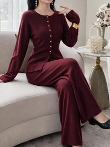 Feyla Women Solid Drop Shoulder Button Front Cardigan Knit Pants Set Brunch Office Fall Elegant, Autumn/Winter - Red - View 9