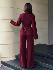 Feyla Women Solid Drop Shoulder Button Front Cardigan Knit Pants Set Brunch Office Fall Elegant, Autumn/Winter - Red - View 10