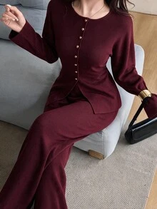 Feyla Women Solid Drop Shoulder Button Front Cardigan Knit Pants Set Brunch Office Fall Elegant, Autumn/Winter - Red - View 1