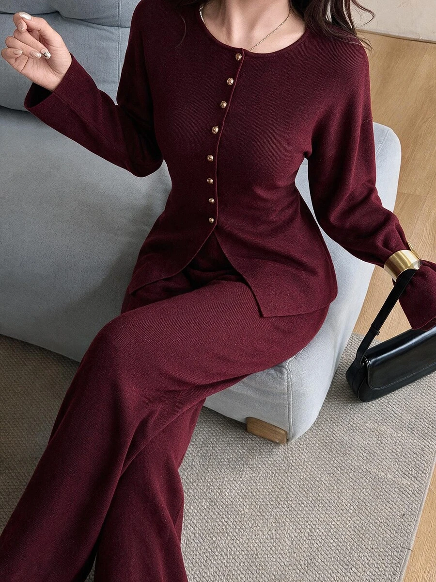 Feyla Women Solid Drop Shoulder Button Front Cardigan Knit Pants Set Brunch Office Fall Elegant, Autumn/Winter - Red - View 1