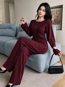 Feyla Women Solid Drop Shoulder Button Front Cardigan Knit Pants Set Brunch Office Fall Elegant, Autumn/Winter - Red - View 2