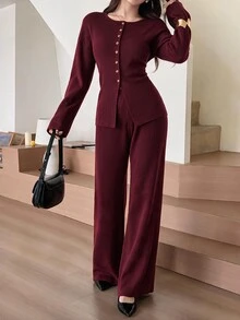 Feyla Women Solid Drop Shoulder Button Front Cardigan Knit Pants Set Brunch Office Fall Elegant, Autumn/Winter - Red - View 3