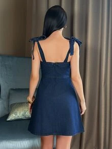 hhfernanda 女式无袖系肩休闲牛仔连衣裙 - 深色水洗藍 - 查看 3