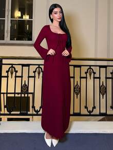 hhfernanda Women's Solid Color Front Tie Fitted Flare Sleeve Waist Cinched Dress - Redwood - View 4