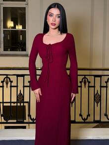 hhfernanda Women's Solid Color Front Tie Fitted Flare Sleeve Waist Cinched Dress - Redwood - View 3