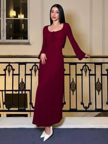 hhfernanda Women's Solid Color Front Tie Fitted Flare Sleeve Waist Cinched Dress - Redwood - View 1