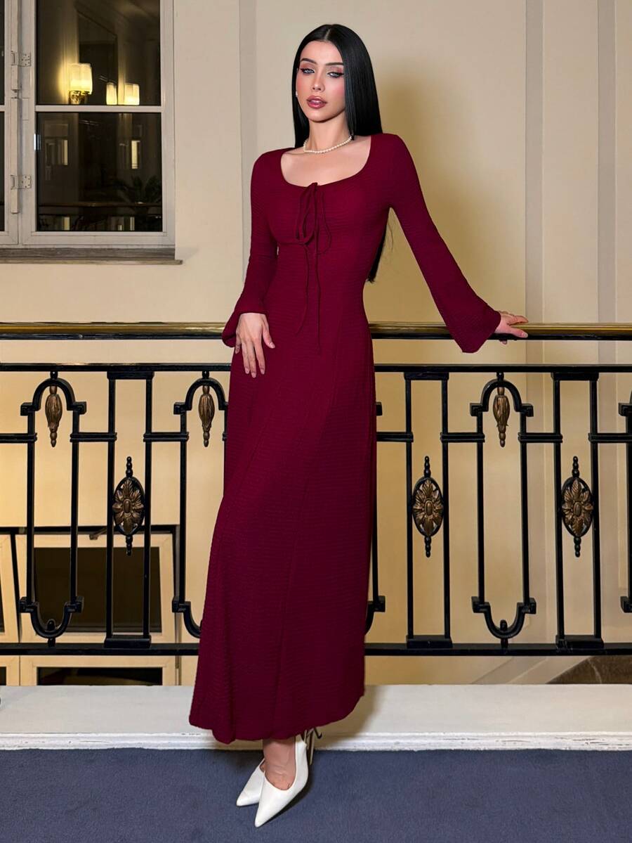 hhfernanda Women's Solid Color Front Tie Fitted Flare Sleeve Waist Cinched Dress - Redwood - View 1