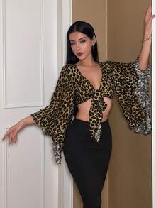 hhfernanda Casual Vacation Tie-Front Flare Sleeve Ruffle Cuff Leopard Print Shirt - Multicolor - View 5